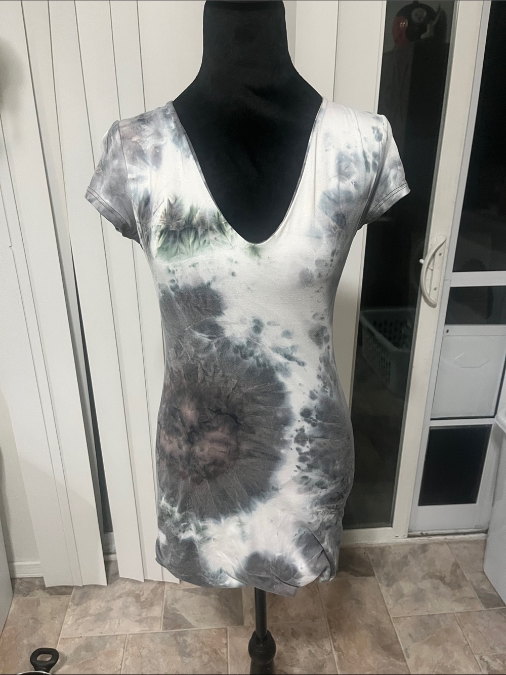 See You Monday Tie-Dye V-Neck Mini Dress - Gray, White